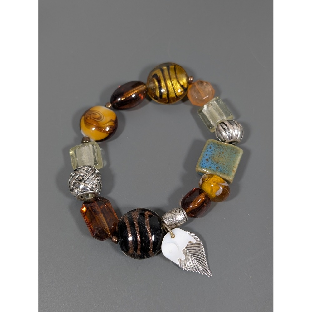 Elephant Charm Beaded‎ Bracelet Art Glass Ceramic Shell Boho 7.5"
